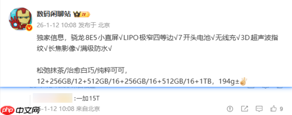 一加15T配置曝光 第五代骁龙8至尊版加持 三款配色  第2张